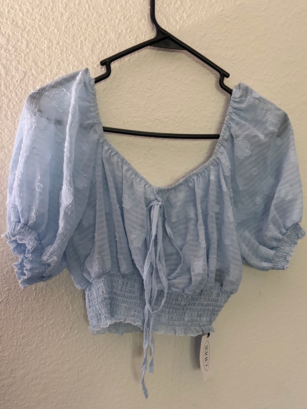 NWT! Cider Light Blue Puff Sleeve Smocked Tie-Front Crop Top